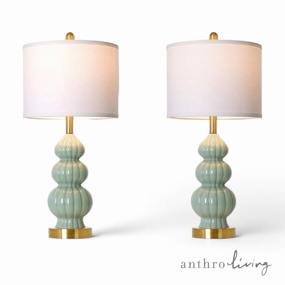NEW Anthropologie Set / 2 Sage Green Gold Ceramic Boho Table Lamps Lighting 28"